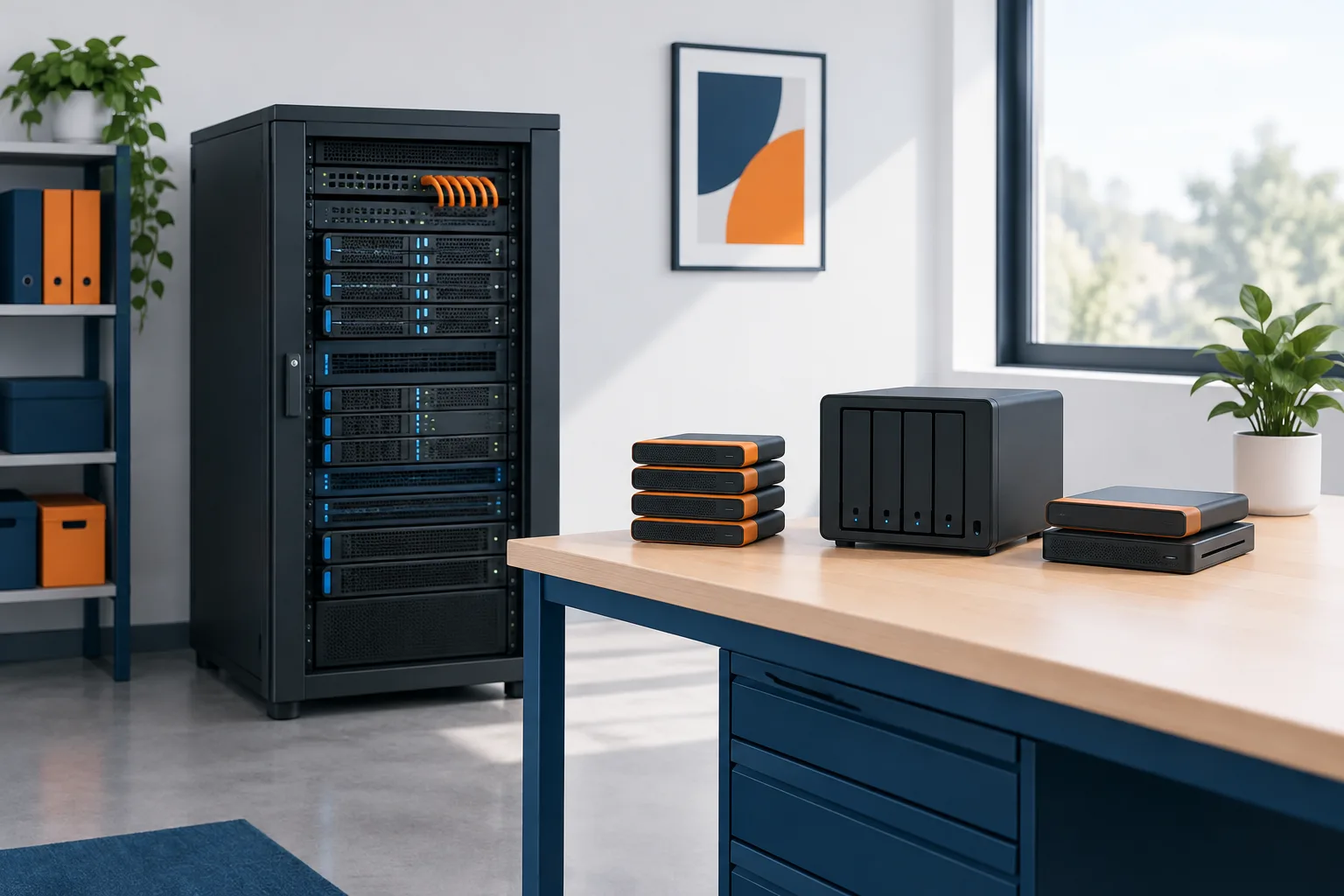 A server rack and organized storage devices in a clean technology workspace.