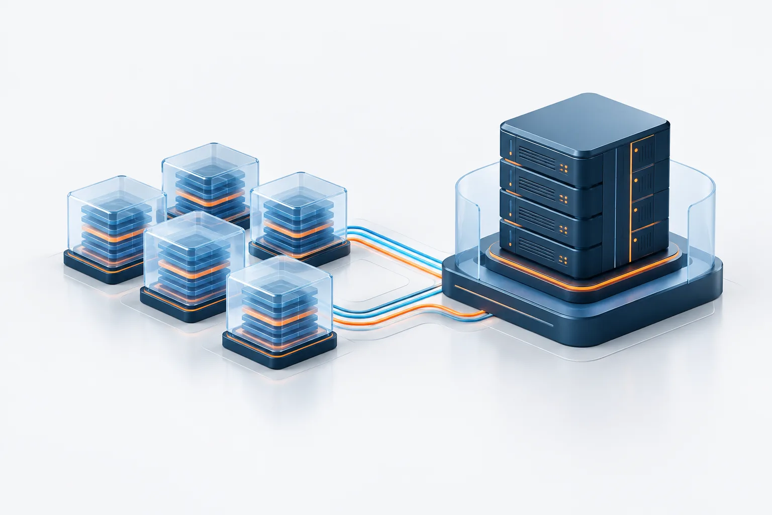 Abstract illustration of organized data storage connected to a stable server foundation.