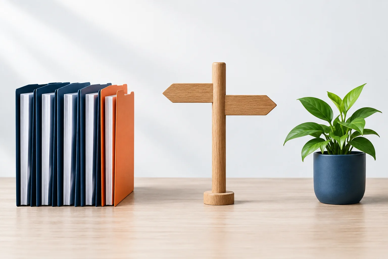 Paper folders arranged beside a simple wooden path marker and a small plant.