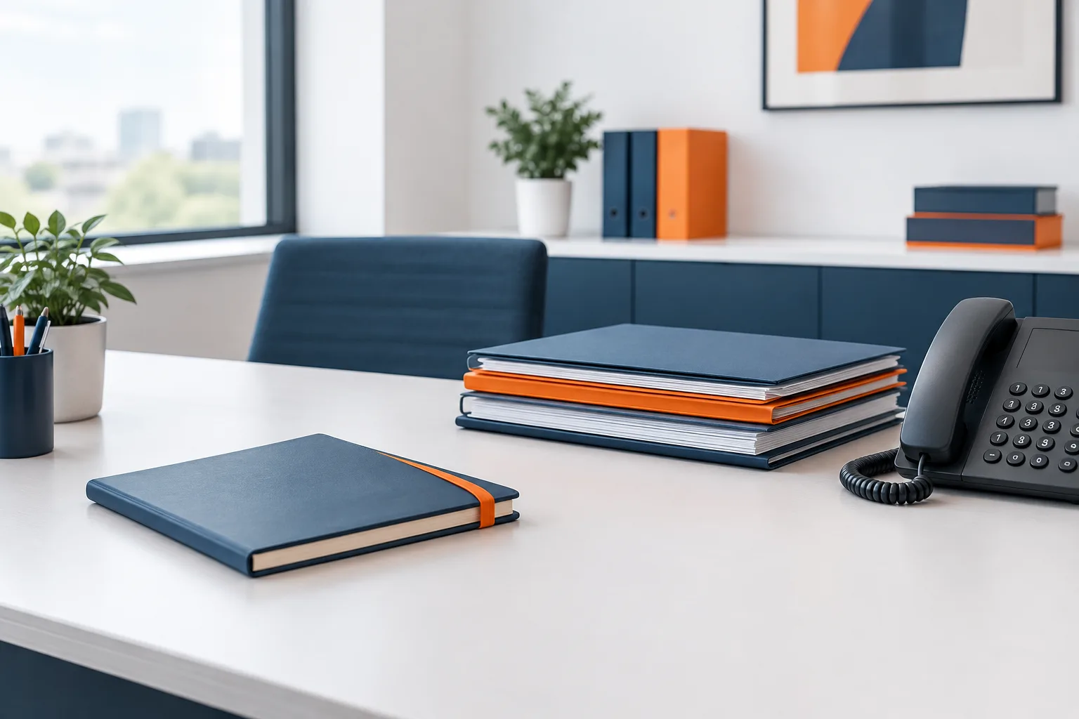 A quiet office desk with organized paper files, a notebook, and a desk phone.
